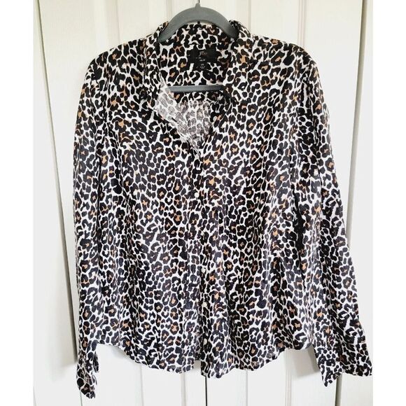 J.Crew 14 Button-Up Shirt‎ in Leopard Print Brown Blouse Linen/Cotton - Picture 1 of 9